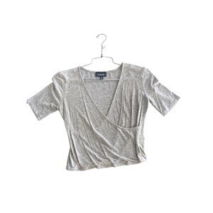 ModCloth Crop Top Size Medium Ribbed Faux Wrap Short Sleeve Heather Gray Rayon